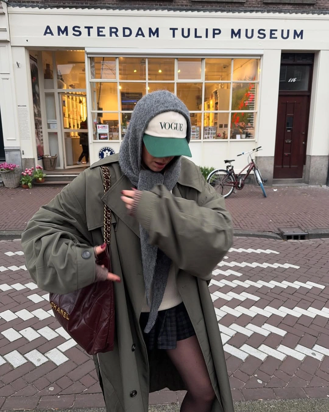 winter NYC outfits Olive Trench With a Cozy Hooded Scarf
