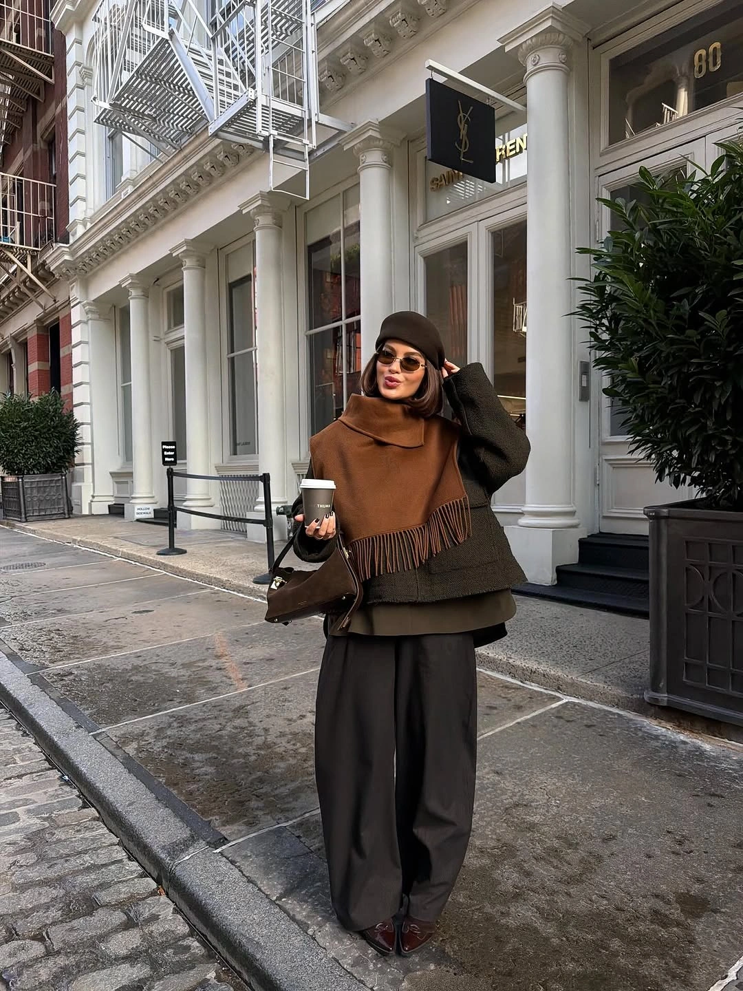winter NYC outfits Chocolate Layers With a Draped Scarf