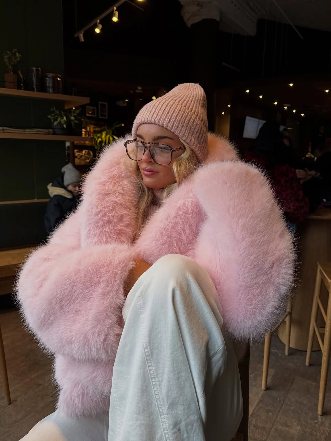 winter NYC outfits Soft Pink Fur With Winter Whites