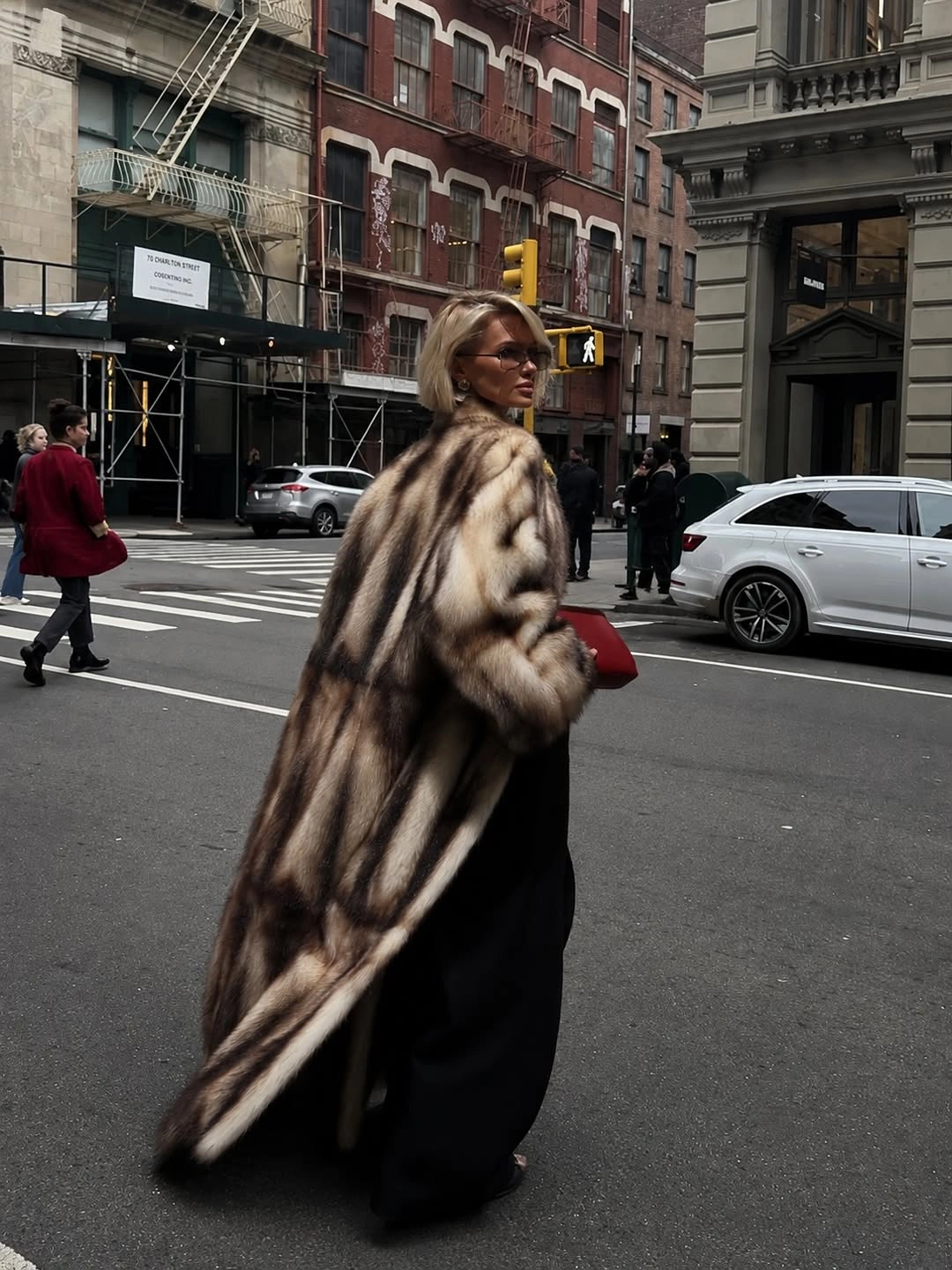 winter NYC outfits Statement Fur With a Flash of Red