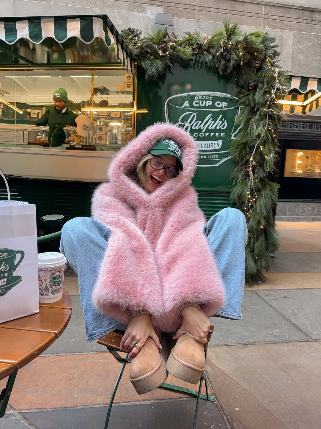winter NYC outfits Bubblegum Pink Fur and Easy Denim