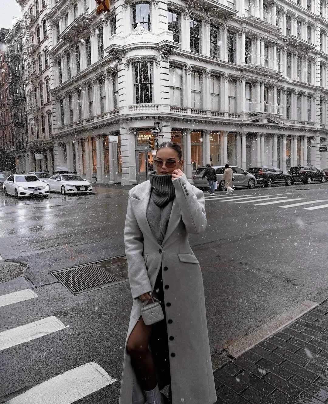 winter NYC outfits Gray Tailoring for a Snowy City Day