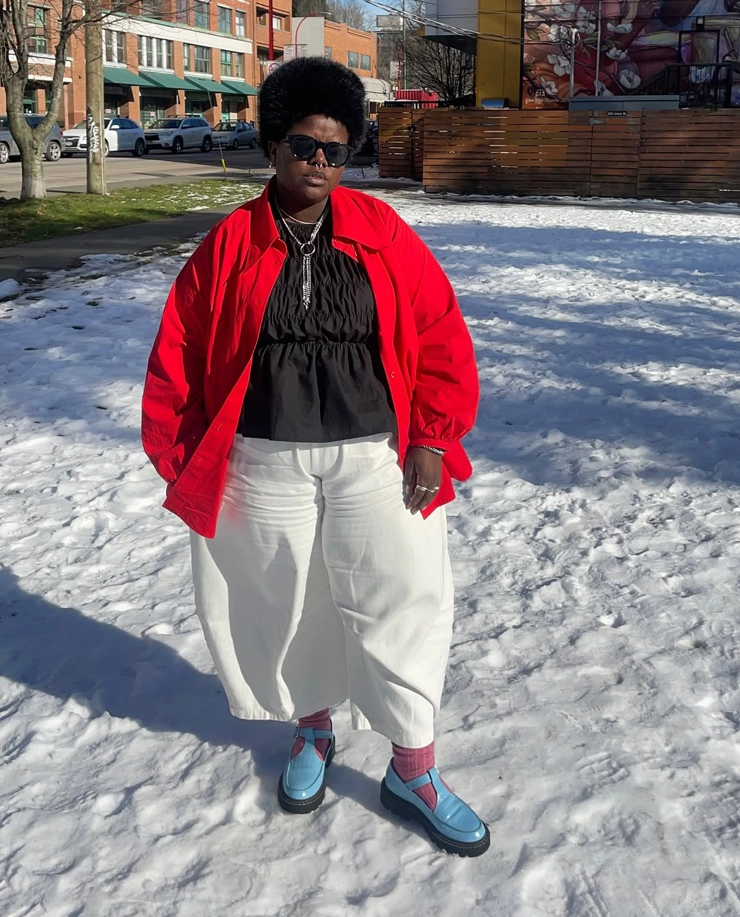 winter outfit for plus size women Red Jacket With A Playful Contrast