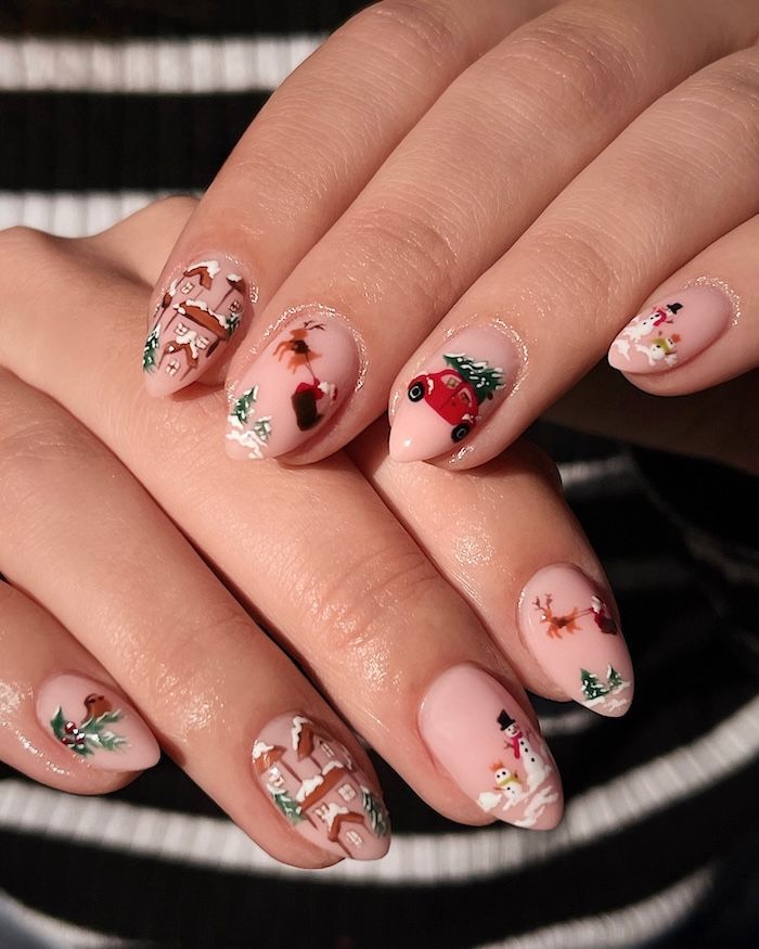 Pink Winter Village Scene Nails — Winter Nail Art
