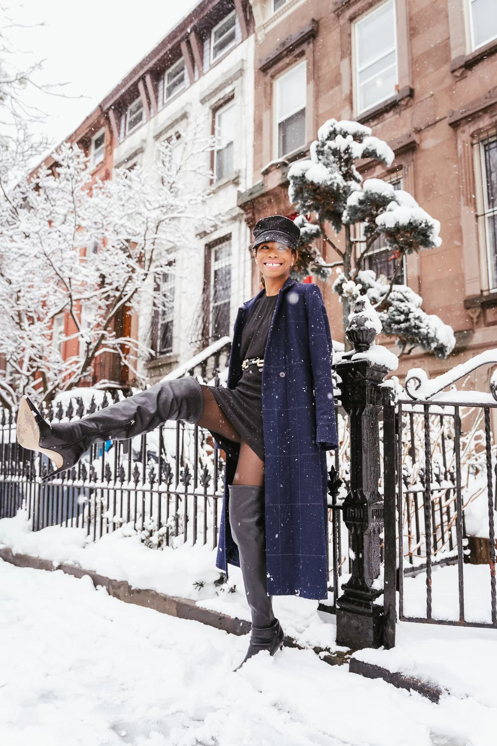 Navy Plaid Coat Over Black Dress with Thigh-High Boots Navy Plaid Coat Over Black Dress with Thigh-High Boots — Snow Day Outfits