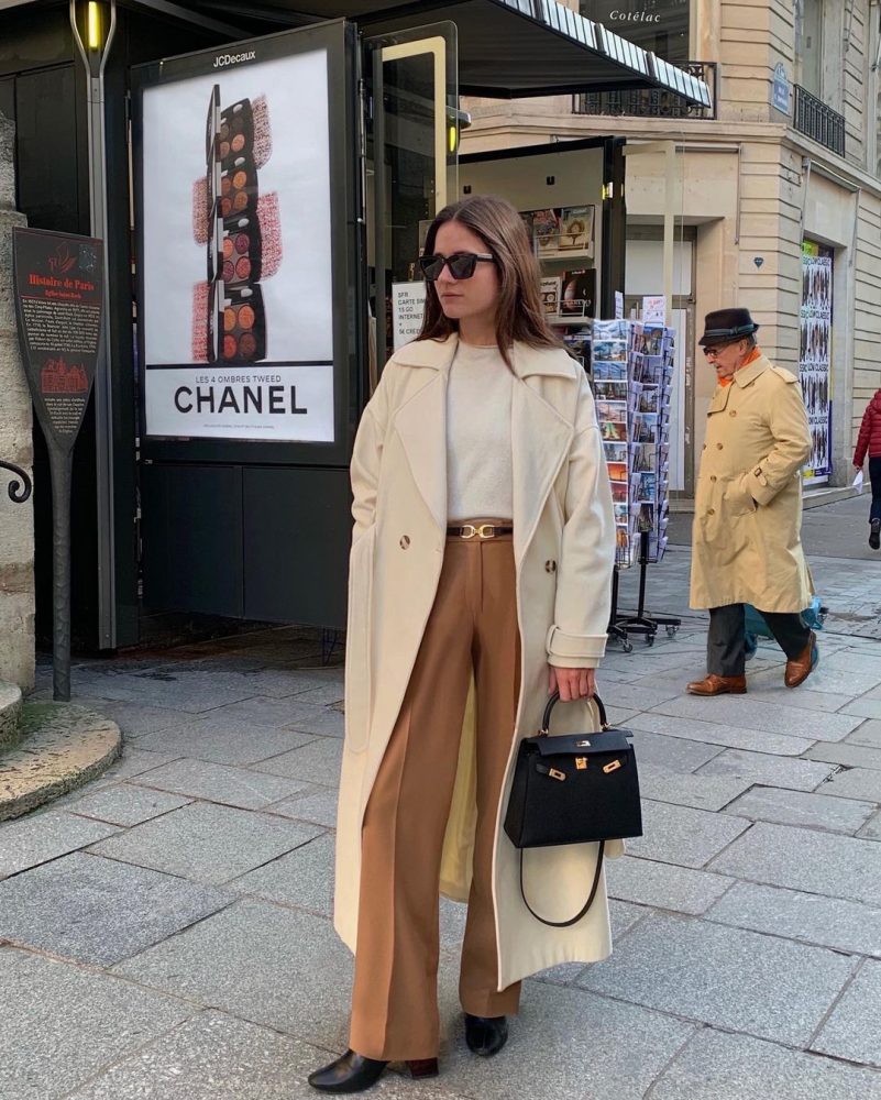 Long Cream Coat and Camel Trousers — Old Money Winter Outfits