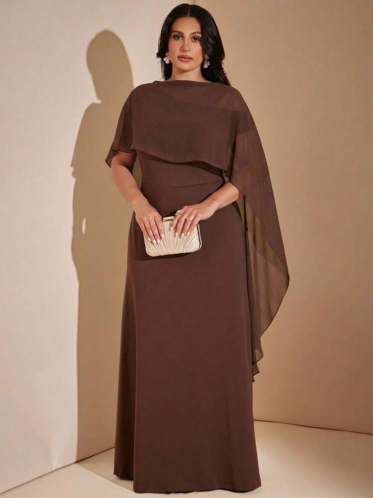 Romantic Flair: Chocolate Brown Crepe Dress with Chiffon Cape — Chocolate Brown Outfits