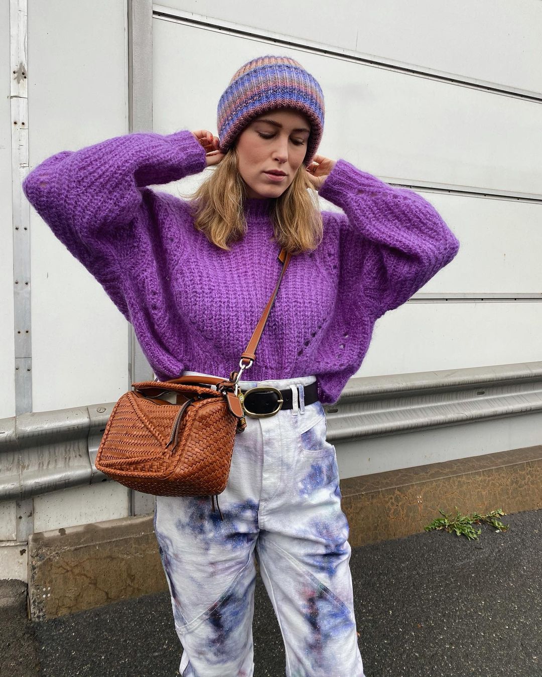 Vibrant Layers: Multi-colored Beanie with Purple Sweater Vibrant Layers: Multi-colored Beanie with Purple Sweater — Beanie Outfits