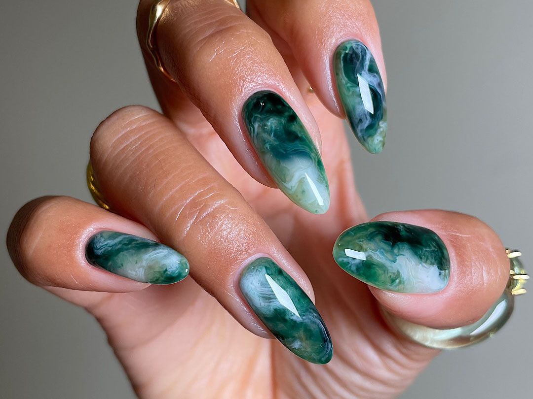 Emerald and White Marble Almond — Emerald Green Nails