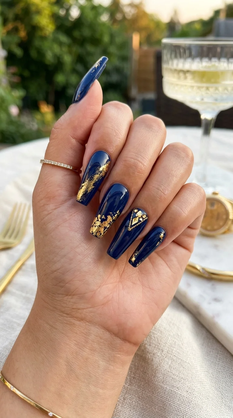 Long Coffin Gold Foil Navy — Navy Blue Nails