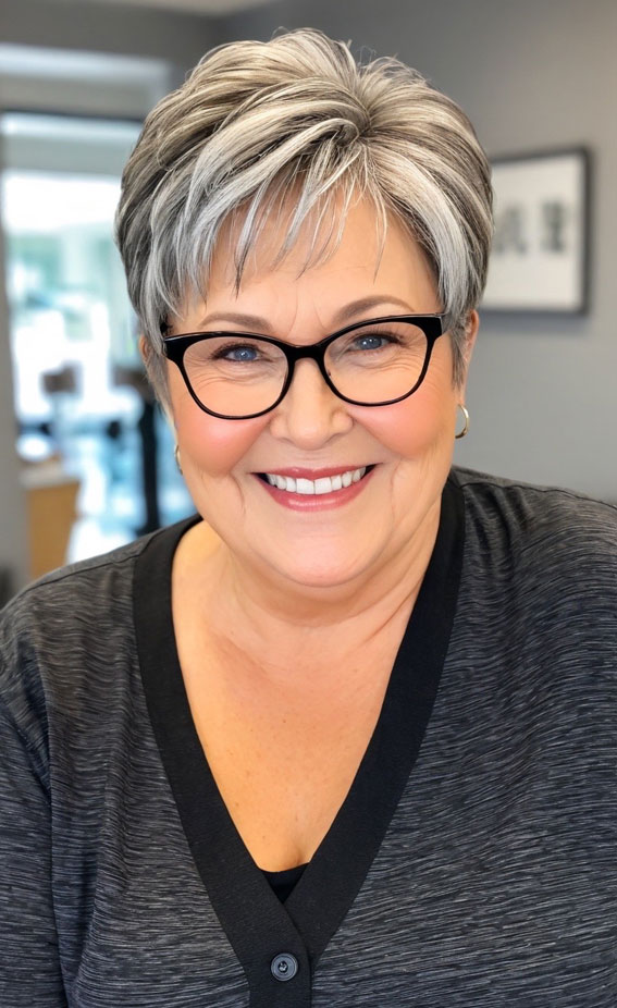 Salt and Pepper Pixie with Textured Fringe — Winter Haircuts for Women Over 60