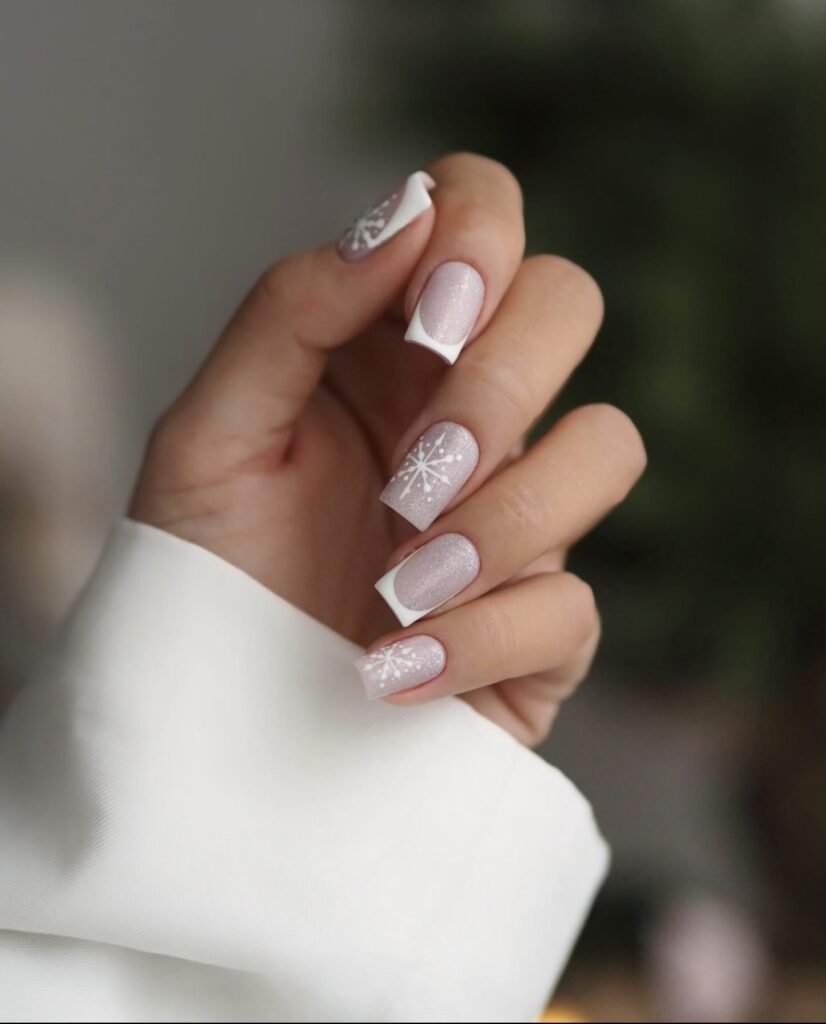 Sweet Pale Pink Snowflake French Sweet Pale Pink Snowflake French — Short Winter Acrylic Nails