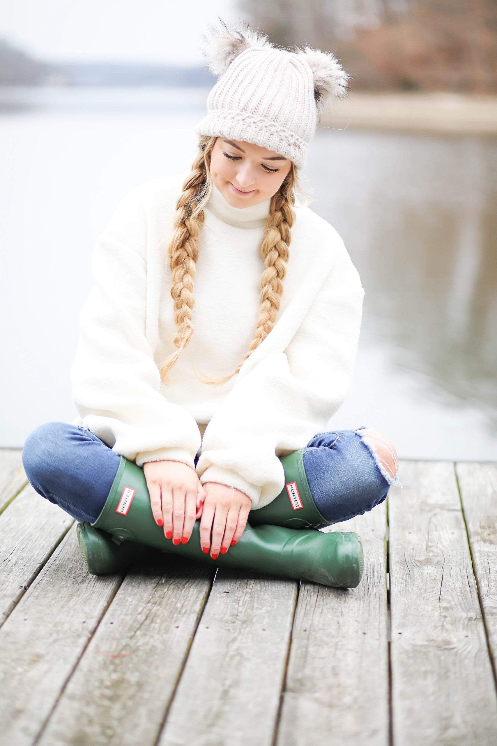 Double Braids Under a Pom-Pom Beanie Double Braids Under a Pom-Pom Beanie — Winter Hat Hairstyles