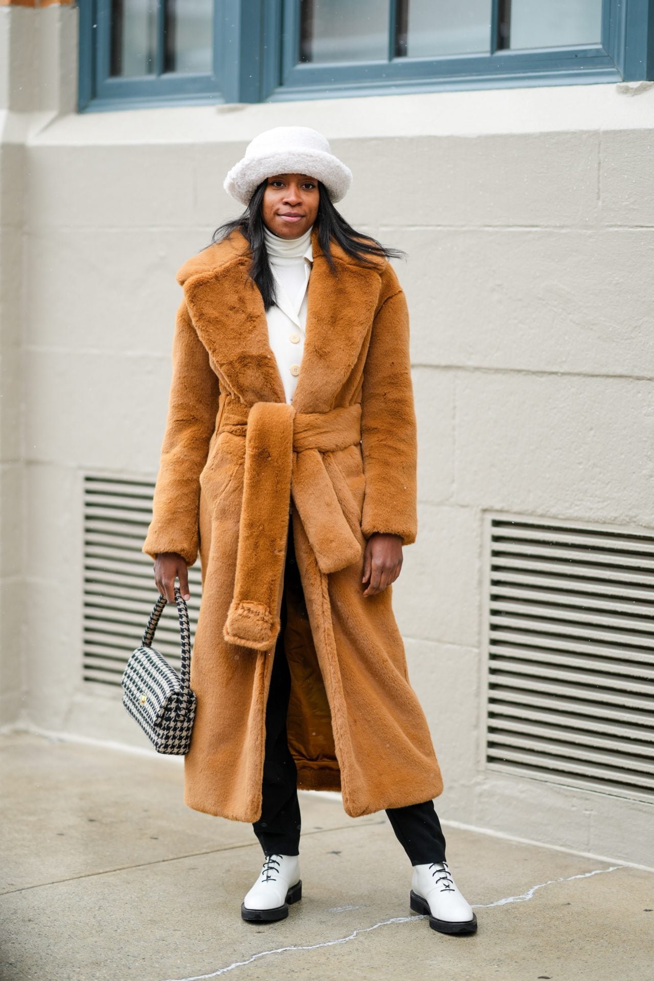 Longline Brown Teddy Coat with Turtleneck and White Accents — Teddy Coat Outfits