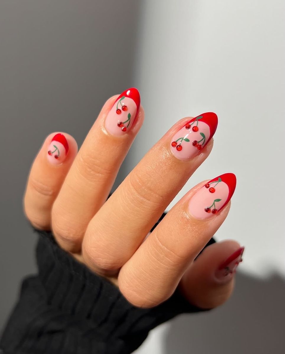 Glossy Bright Red French Tips with Cherries Glossy Bright Red French Tips with Cherries — Cherry Red Nails