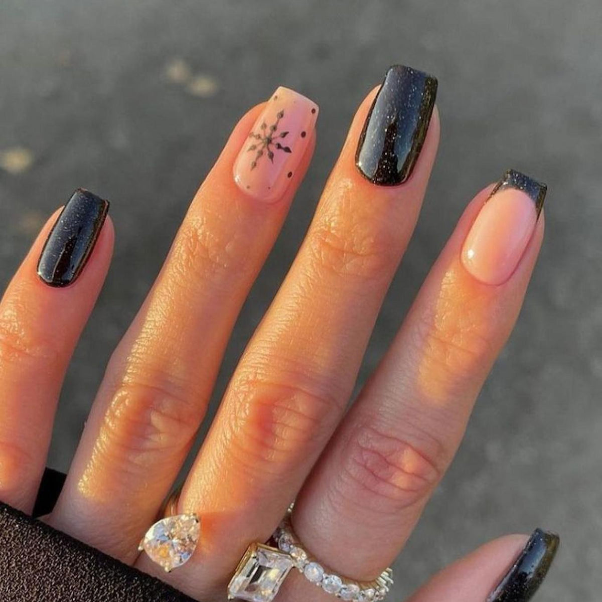Black Glitter French Tips with Snowflake Black Glitter French Tips with Snowflake — Winter Acrylic Nail Colors