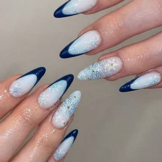 Navy French Tip Snowflake Almond Nails Navy French Tip Snowflake Almond Nails — Winter Gel Nails