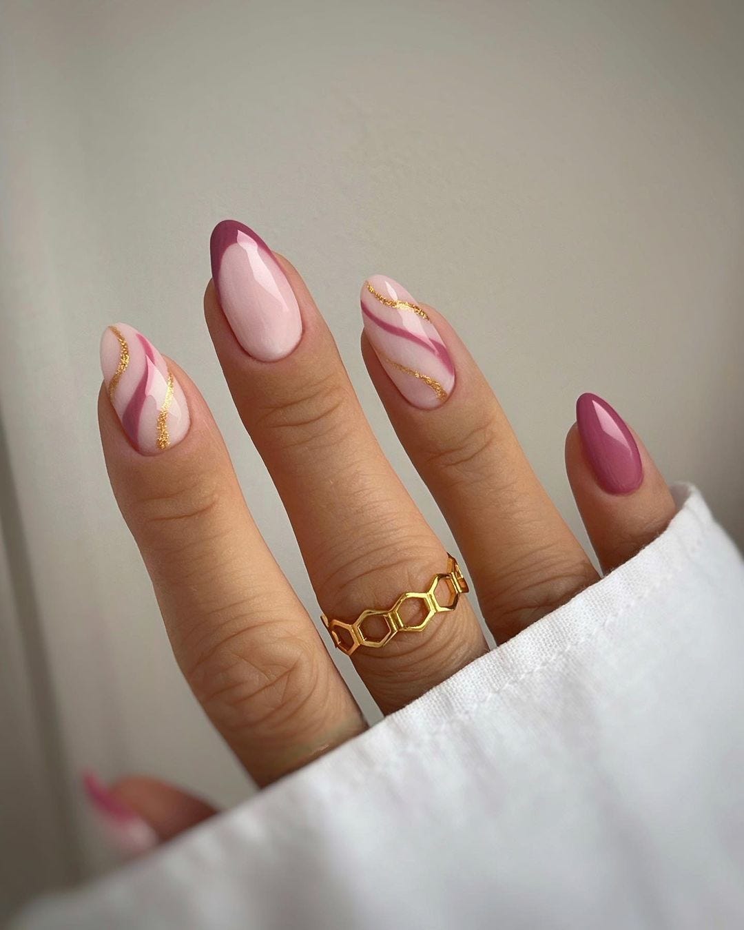 Pale Pink Gold Lines French Almond Nails Pale Pink Gold Lines French Almond Nails — Medium Length Winter Nails