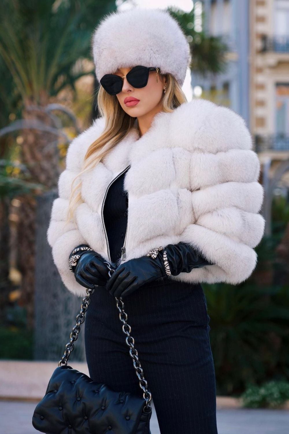 Opulent Evening: White Faux Fur Hat and Coat — Fur Hat Outfits