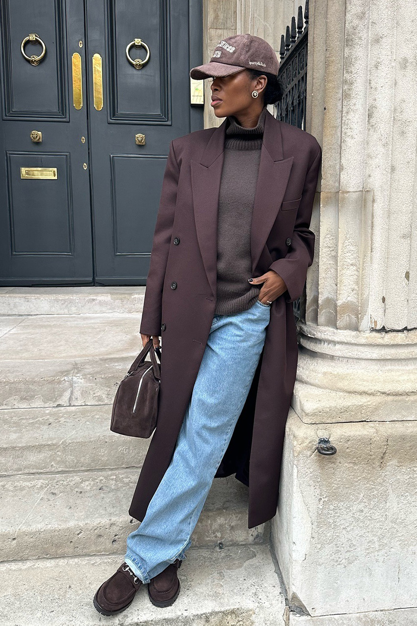 Deep Brown Oversized Coat with Turtleneck and Loafers — Brown Coat Outfits