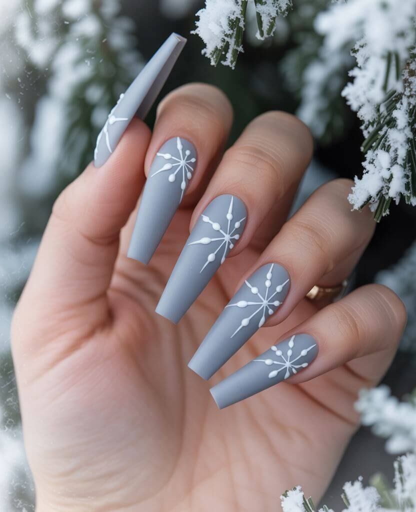 Matte Grey Snowflake Winter Coffin Nails Matte Grey Snowflake Winter Coffin Nails
