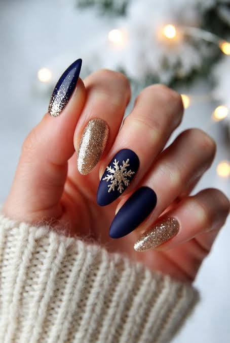 Matte Navy Almond Nails With Glitter Snowflake — Winter Almond Nails