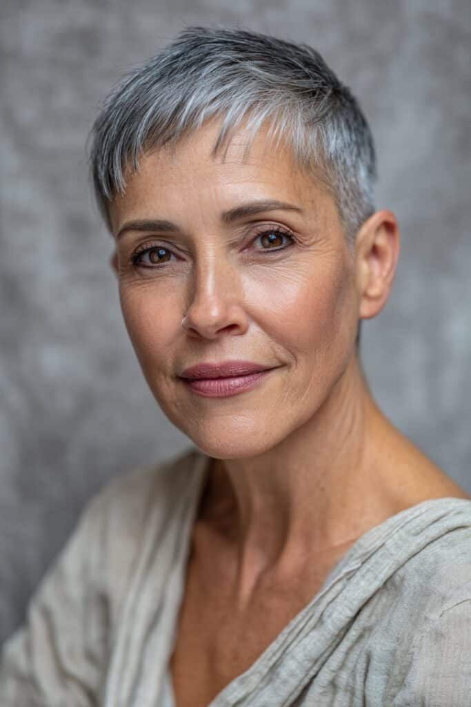 Edgy Grey Pixie with Piecey Styling — Winter Haircuts for Women Over 70