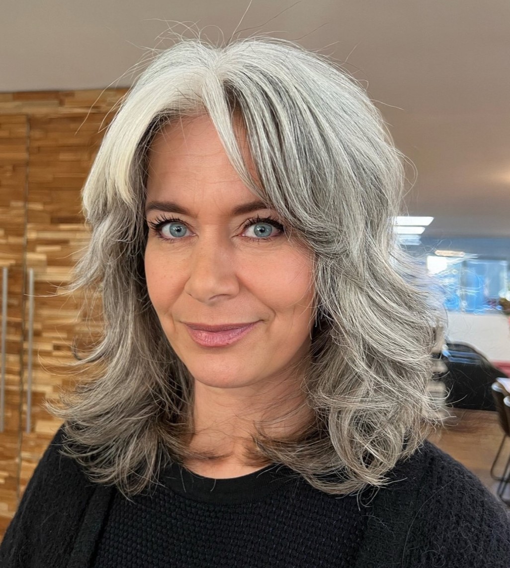 Textured Shag With Blunt Bangs Textured Shag With Blunt Bangs — Winter Haircuts for Gray Hair