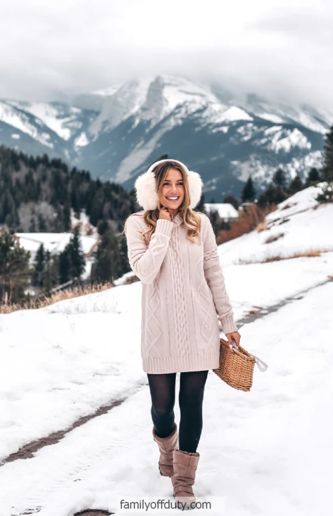 Cream Knit Sweater Dress with Fluffy White Earmuffs — Earmuffs Outfits