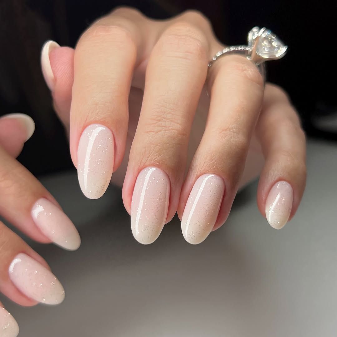 Milky White Shimmer Gradient French — Winter Nail Colors for Pale Skin