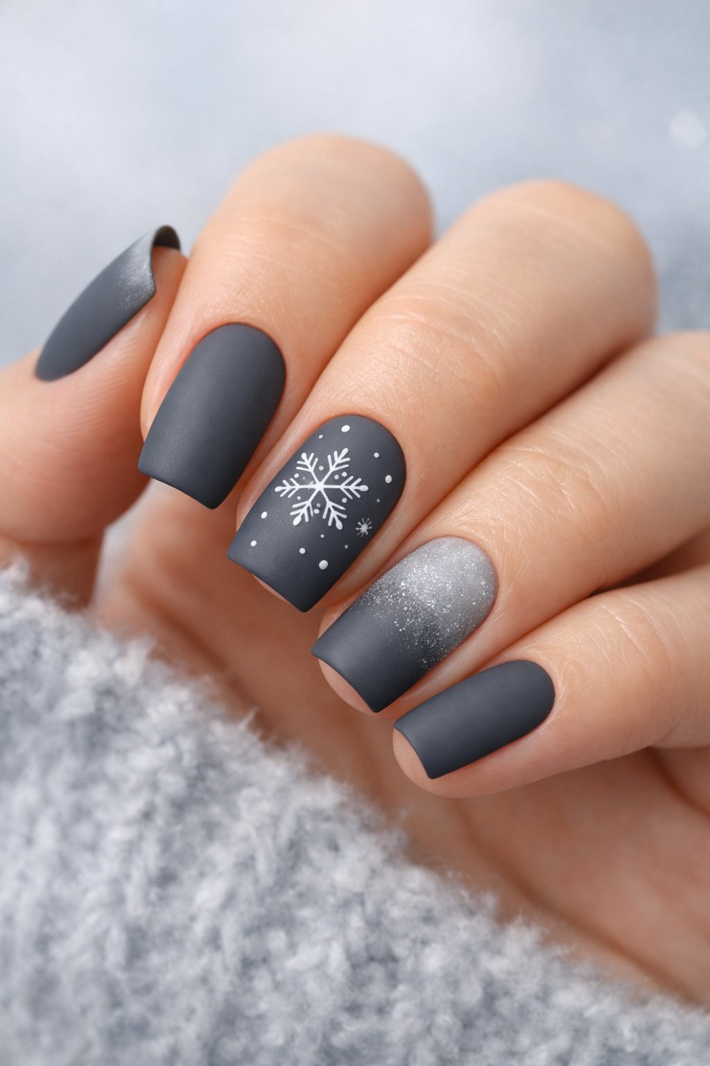 Matte Dark Gray Snowflake Glitter Nails Matte Dark Gray Snowflake Glitter Nails — Winter Gray Nails