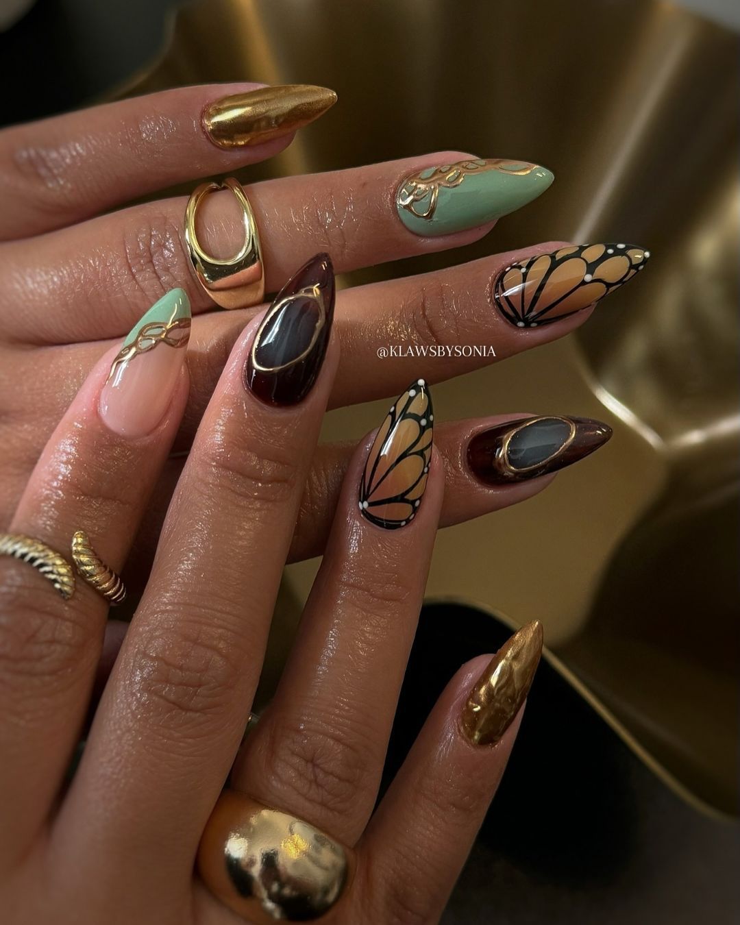 Sage Green with Butterfly Wing Accents Sage Green with Butterfly Wing Accents — Fall to Winter Nails
