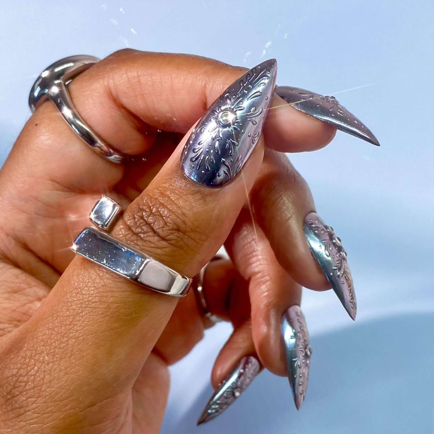 Chrome Floral Rhinestone Stilettos Chrome Floral Rhinestone Stilettos — Winter Stiletto Nails