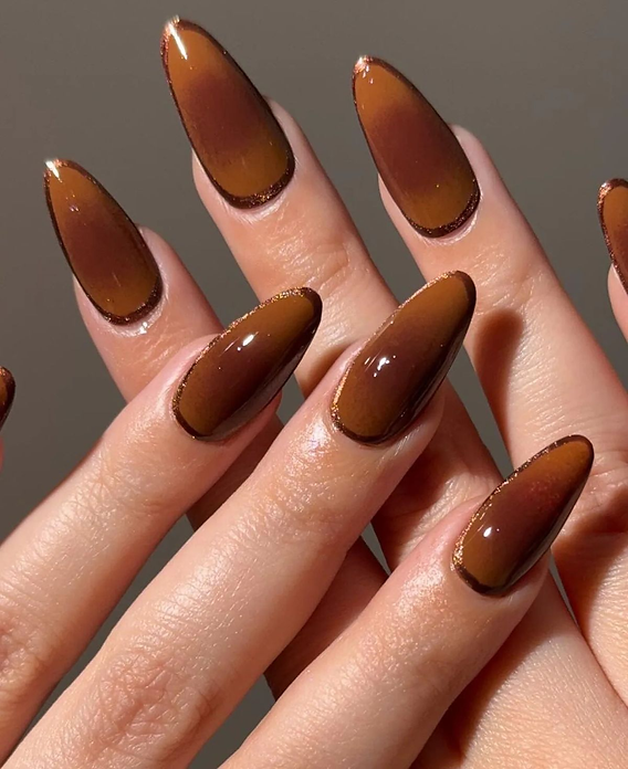 Glossy Brown Ombre with Glitter Cuticle Line Glossy Brown Ombre with Glitter Cuticle Line — Chocolate Brown Nails