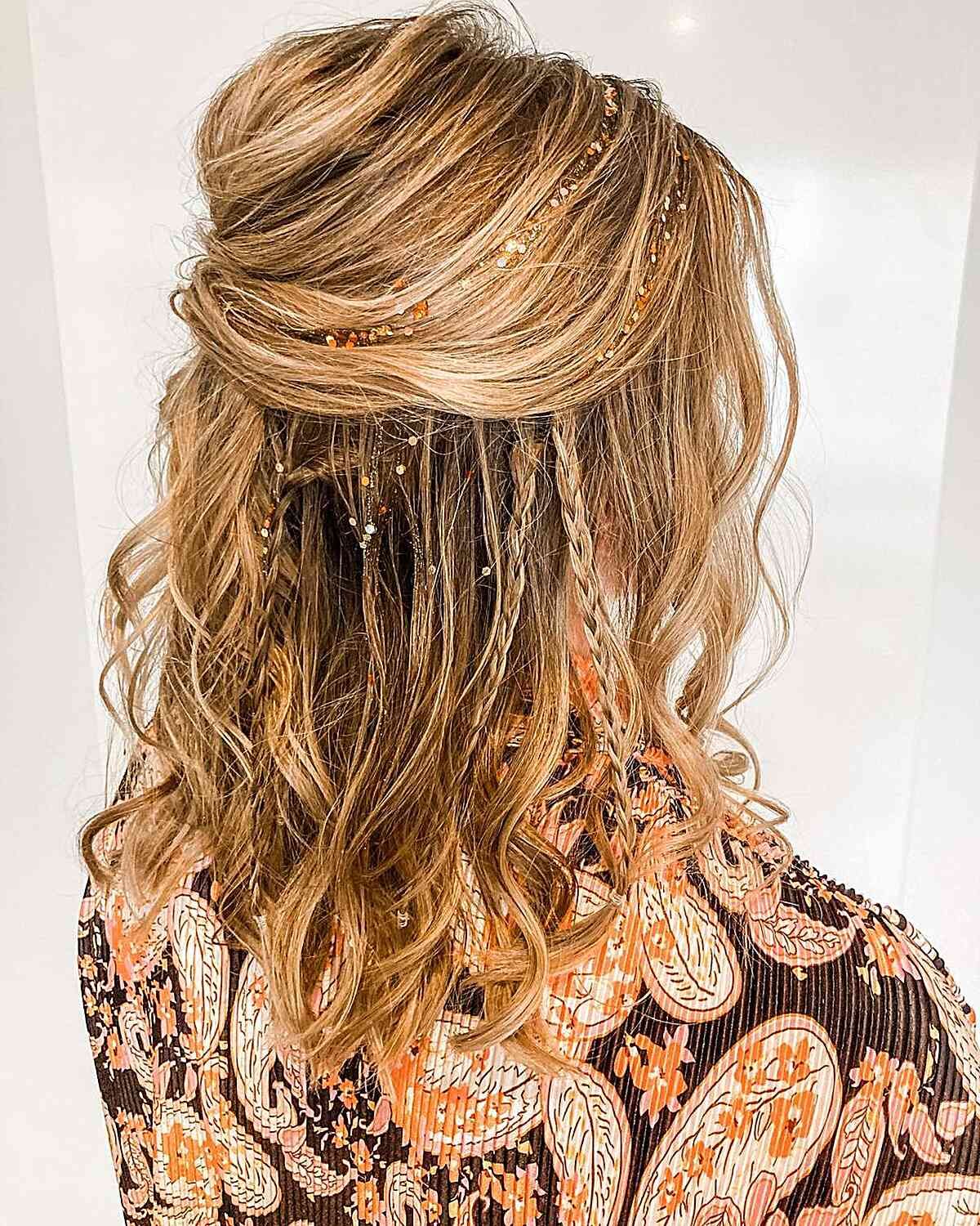 Blonde Braids With Decorative Beads Curls Blonde Braids With Decorative Beads Curls — Winter Half Up Half Down Hairstyles