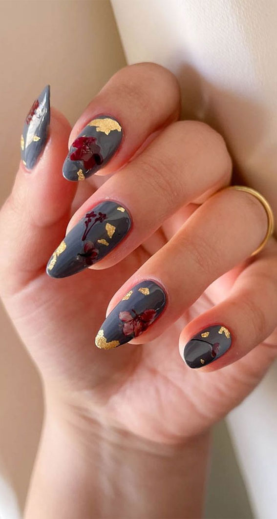 Glossy Dark Grey Nails with Floral and Gold Foil — Winter Nail Colors for Women Over 40