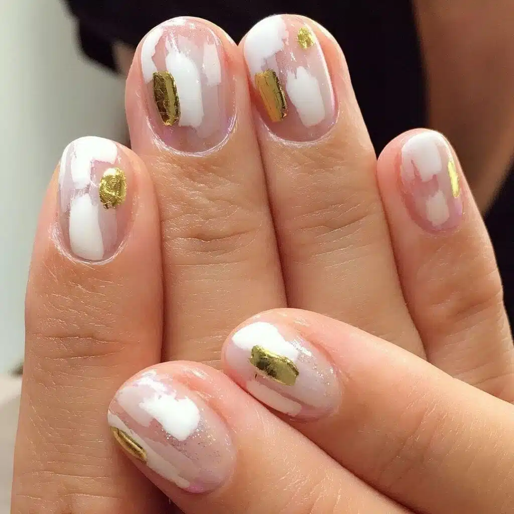 Clear Nails with Abstract White and Gold Foil Clear Nails with Abstract White and Gold Foil — Winter Nail Designs