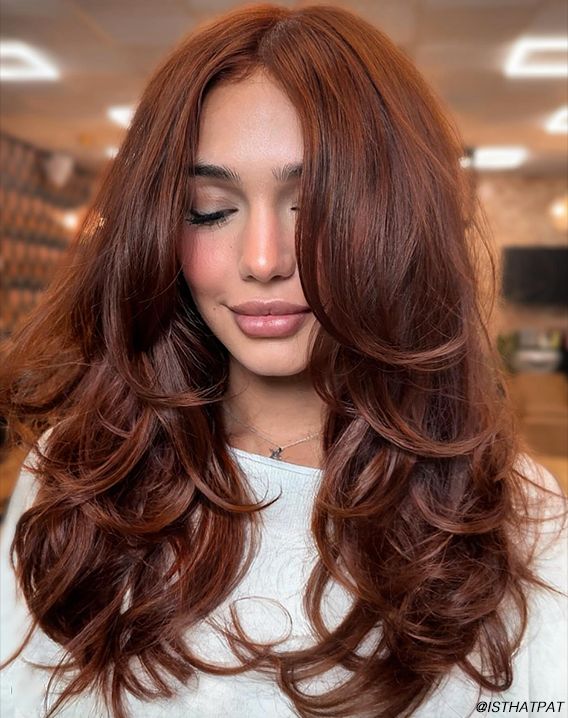 Cinnamon Brown With Copper Curtain Bangs Cinnamon Brown With Copper Curtain Bangs — Cinnamon Brown Hair