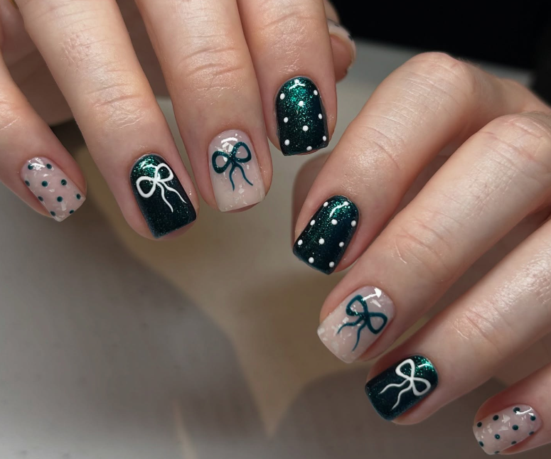 Playful Polka Dots and Bows — Cute Winter Nails