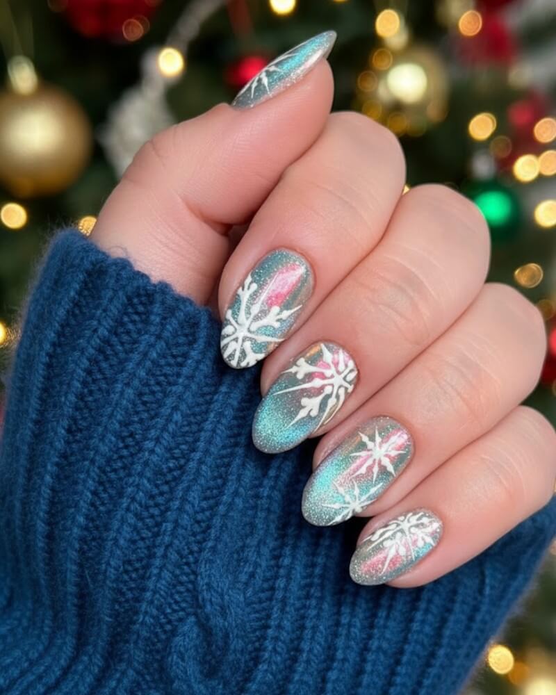 Pale Blue Pink Gradient Snowflake Decals — Winter Cat Eye Nails