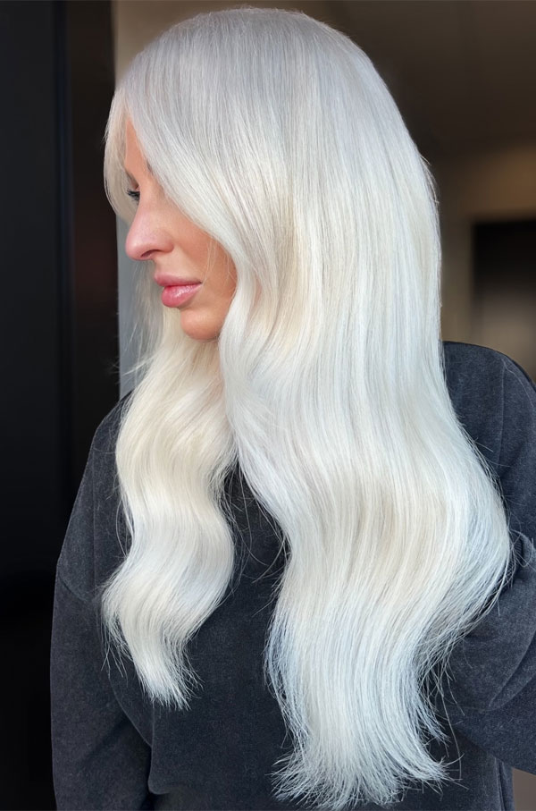 Solid Icy Blonde With Curtain Bangs — Icy Blonde Hair
