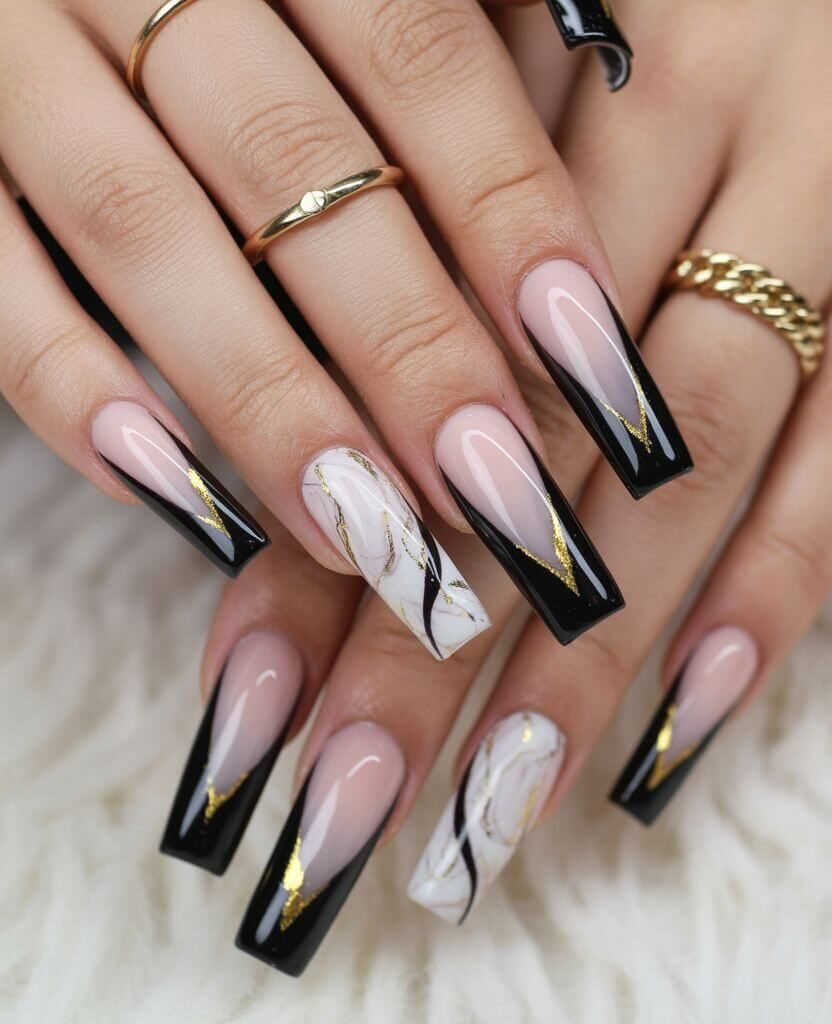 Black French Tip Marble Coffin Nails Black French Tip Marble Coffin Nails — Winter Coffin Nails