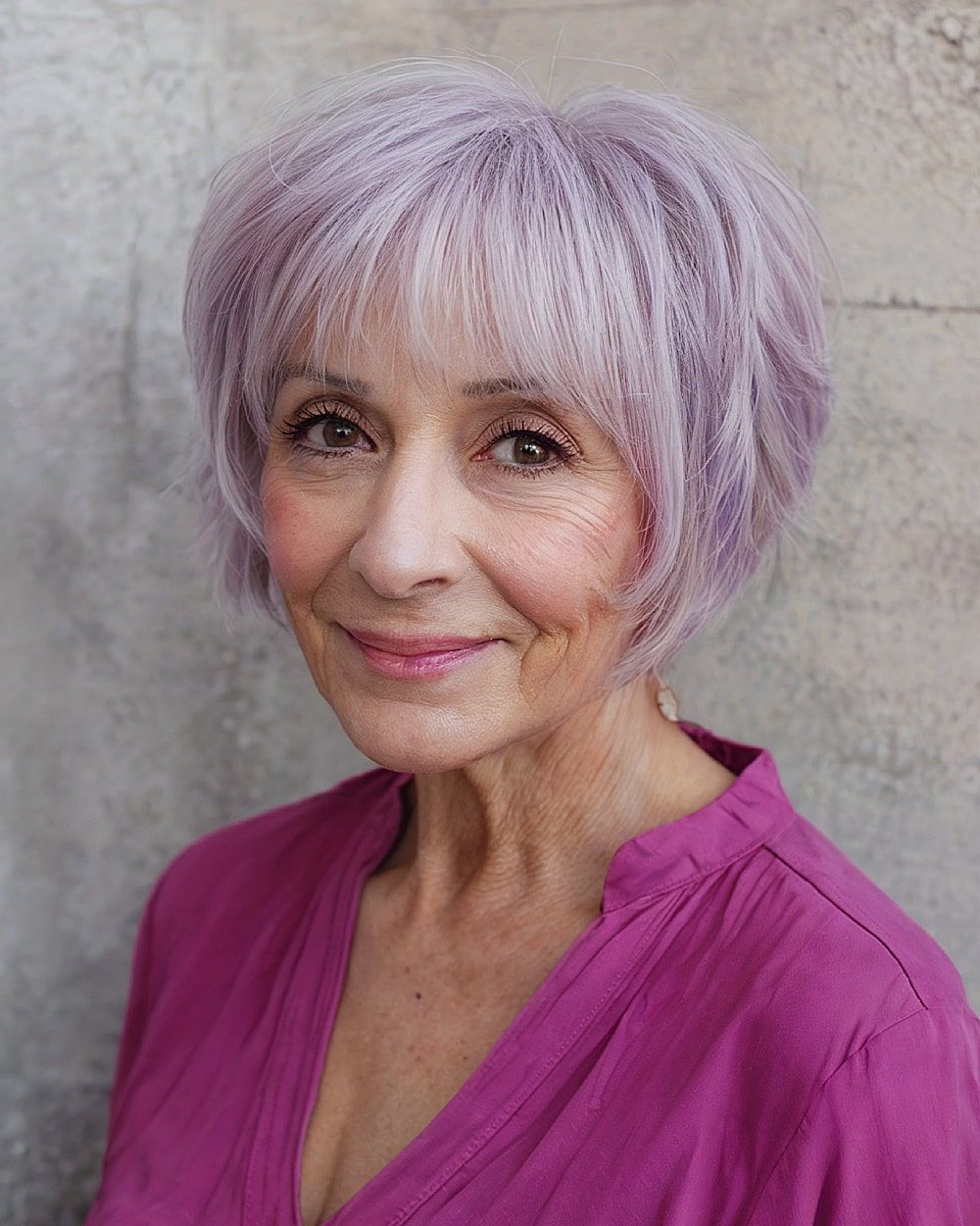 Pastel Lavender Bob with Blunt Bangs — Winter Haircuts for Women Over 70