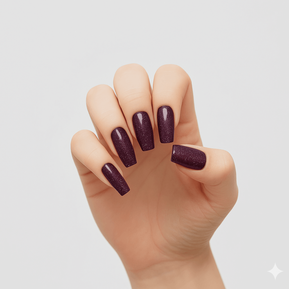 Glittery Glossy Deep Plum Glitter Long Coffin Nails Glittery Glossy Deep Plum Glitter Long Coffin Nails — Winter Gel Nail Colors