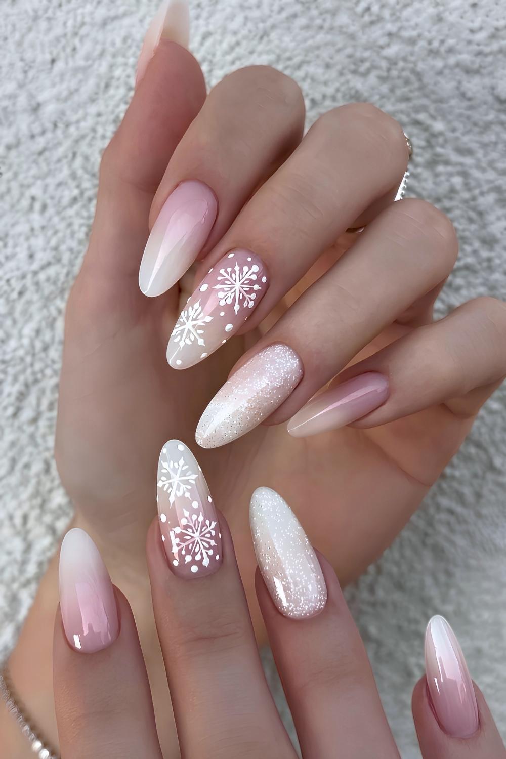 Snowflake Art And Glitter Accents Pale Pink White Snowflake Glitter Almonds Snowflake Art And Glitter Accents Pale Pink White Snowflake Glitter Almonds — Winter Ombre Nails