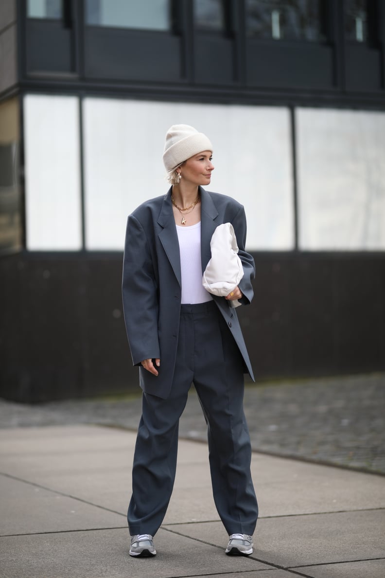 Fashion Forward: White Beanie with Oversized Grey Suit Fashion Forward: White Beanie with Oversized Grey Suit — Beanie Outfits