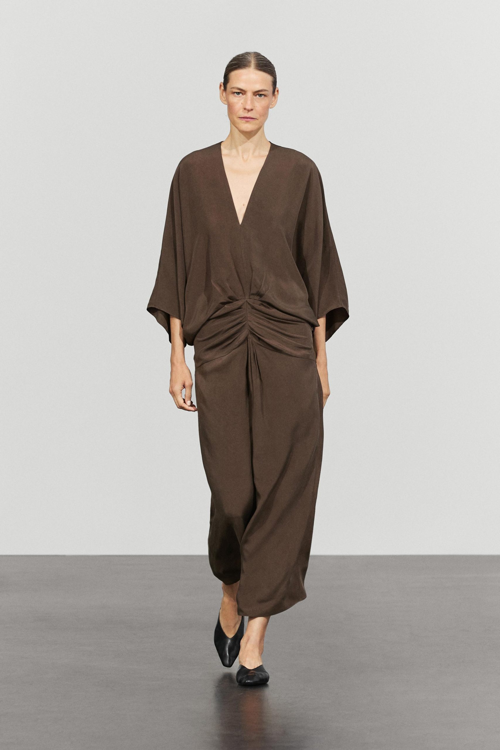 Elegant Draping: Chocolate Brown V-Neck Midi Dress for Evening — Chocolate Brown Outfits