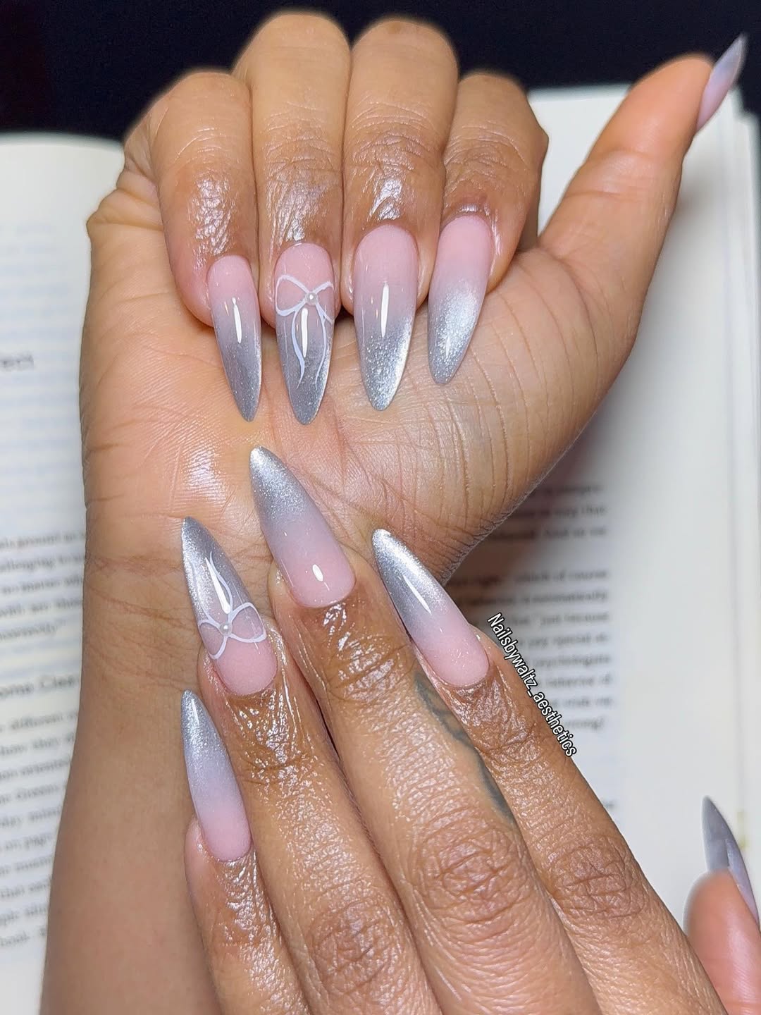 Pink to Silver Ombre with White Bow Art Pink to Silver Ombre with White Bow Art — Winter Nail Designs