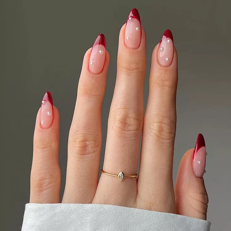 Pearl Cuticle Line Long Almond Nails Pearl Cuticle Line Long Almond Nails — Winter French Tip Nails
