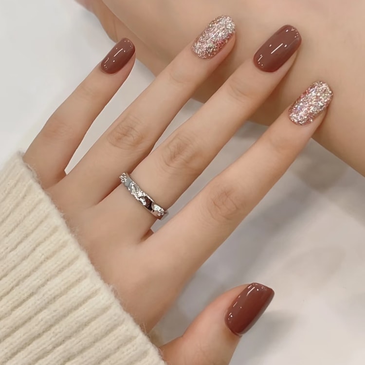 Brown with Champagne Gold Glitter Brown with Champagne Gold Glitter — Winter Nail Colors for Women Over 70